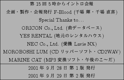 \begin{figure}\begin{center}

\begin{tabular}{\vert c\vert}

\hline

$BBh(B15$B2s(B 5$B;~(B..

...~$BG/(B 9~$B7n(B 29~$BF|(B $BBh(B~2~$BHG(B $BH/9T(B \\

\hline

\end{tabular} \end{center} \end{figure}